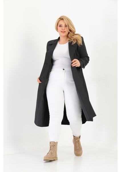 Kadın Suya Dayanıklı Büyük Beden Trençkot Kemerli Uzun Kruvaze Trençkot Bonded Kumaş Astarlı Krem modelleri