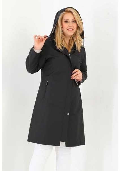 Kadın Suya Dayanıklı Büyük Beden Trençkot Uzun Kapüşonlu Trençkot Bonded Kumaş Içi Ekoseli Trençkot