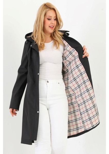 Kadın Suya Dayanıklı Büyük Beden Trençkot Uzun Kapüşonlu Trençkot Bonded Kumaş Içi Ekoseli Trençkot fiyatları