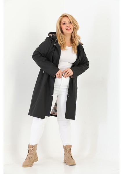 Kadın Suya Dayanıklı Büyük Beden Trençkot Uzun Kapüşonlu Trençkot Bonded Kumaş Içi Ekoseli Trençkot modelleri