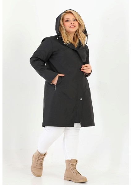 Kadın Suya Dayanıklı Büyük Beden Trençkot Uzun Kapüşonlu Trençkot Bonded Kumaş Içi Ekoseli Trençkot fırsatları