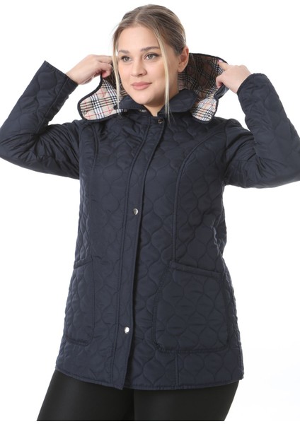 Baharlık Kapüşonlu Kapitone Mont Içi Ekoseli Kapitone Mont Büyük Beden Mont, Su Itici Mont, Lacivert indirimleri