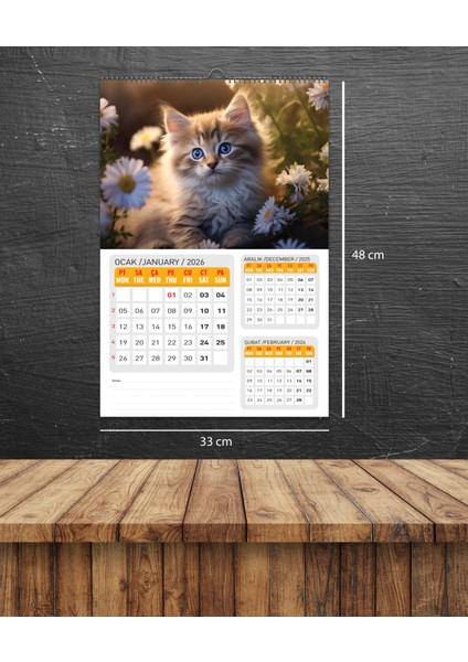 2026 Kedi Duvar TAKVİMİ-33X48 cm Ebat- Planlama Seçeneği Ile Birlikte