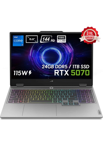 LOQ Intel Core i7 13650HX 24GB 1TB SSD RTX5070 Freedos 15.6" FHD 144Hz IPS Taşınabilir Bilgisayar 83JE00EWTR