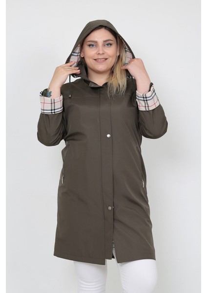 Kadın Suya Dayanıklı Büyük Beden Trençkot Uzun Kapüşonlu Trençkot Bonded Kumaş Içi Ekoseli Trençkot fiyatları
