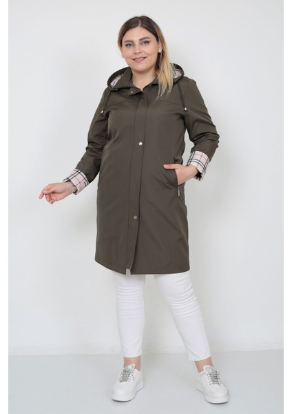 Kadın Suya Dayanıklı Büyük Beden Trençkot Uzun Kapüşonlu Trençkot Bonded Kumaş Içi Ekoseli Trençkot fırsatları