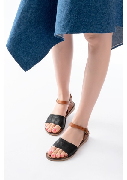 Bayan Sandalet 205-012 Siyah Ortopedik Hakiki Deri Kadın Sandalet