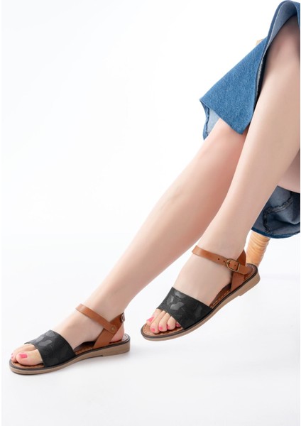 Bayan Sandalet 205-012 Siyah Ortopedik Hakiki Deri Kadın Sandalet modelleri
