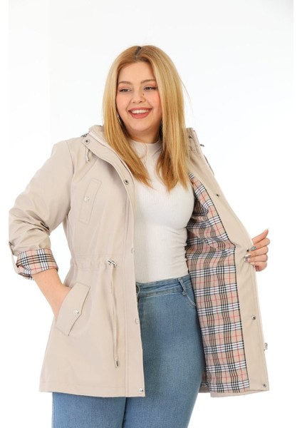 Kadın Suya Dayanıklı Büyük Beden Trençkot Kapüşonlu Ekoseli Haki Trençkot Bonded Kumaş Trençkot