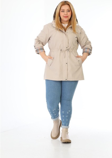 Kadın Suya Dayanıklı Büyük Beden Trençkot Kapüşonlu Ekoseli Haki Trençkot Bonded Kumaş Trençkot fiyatları