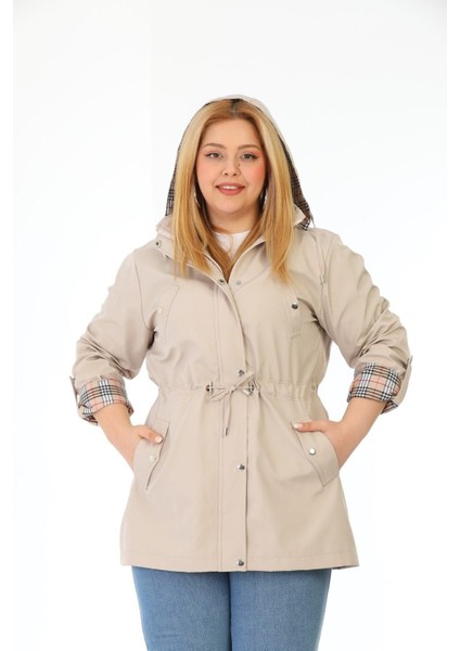 Kadın Suya Dayanıklı Büyük Beden Trençkot Kapüşonlu Ekoseli Haki Trençkot Bonded Kumaş Trençkot modelleri