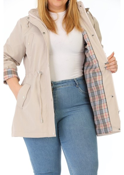 Kadın Suya Dayanıklı Büyük Beden Trençkot Kapüşonlu Ekoseli Haki Trençkot Bonded Kumaş Trençkot fırsatları