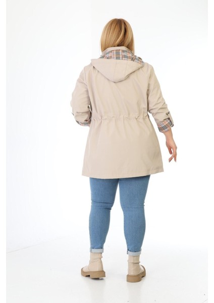Kadın Suya Dayanıklı Büyük Beden Trençkot Kapüşonlu Ekoseli Haki Trençkot Bonded Kumaş Trençkot indirimleri
