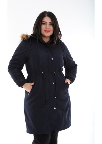Kadın Suya Dayanıklı Büyük Beden Mont Kapüşonlu Uzun Siyah Mont Bonded Kumaş Içi Kürklü Mont