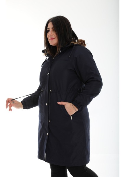 Kadın Suya Dayanıklı Büyük Beden Mont Kapüşonlu Uzun Siyah Mont Bonded Kumaş Içi Kürklü Mont fırsatları