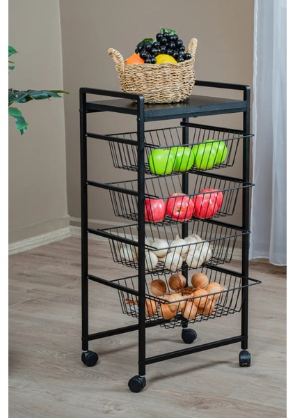 Metal 4 Çekmeceli Sebzelik Tekerlekli Siyah Çok Amaçlı Sebze ve Meyve Düzenleyici