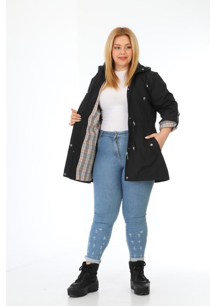 Kadın Suya Dayanıklı Büyük Beden Trençkot Kapüşonlu Ekoseli Haki Trençkot Bonded Kumaş Trençkot