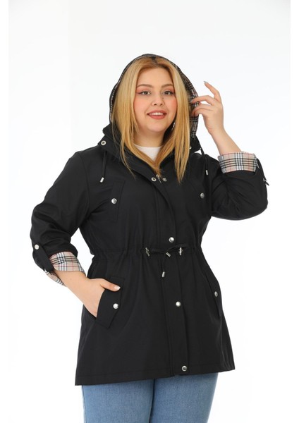 Kadın Suya Dayanıklı Büyük Beden Trençkot Kapüşonlu Ekoseli Haki Trençkot Bonded Kumaş Trençkot fiyatları