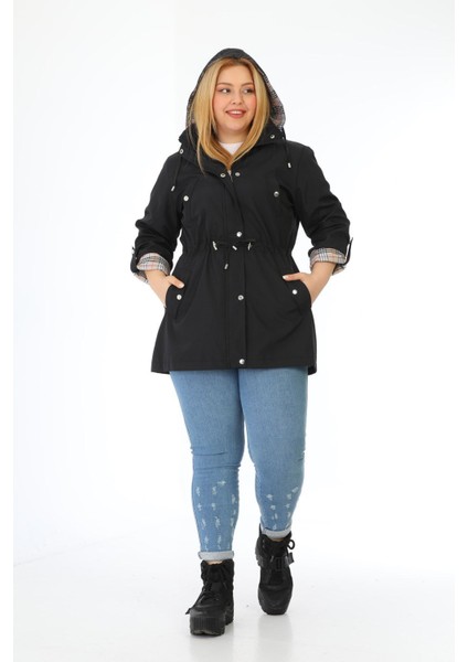 Kadın Suya Dayanıklı Büyük Beden Trençkot Kapüşonlu Ekoseli Haki Trençkot Bonded Kumaş Trençkot modelleri