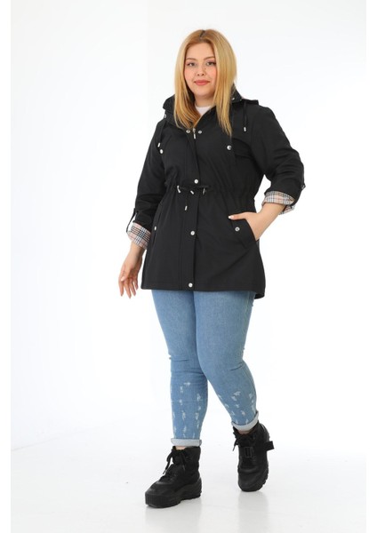 Kadın Suya Dayanıklı Büyük Beden Trençkot Kapüşonlu Ekoseli Haki Trençkot Bonded Kumaş Trençkot fırsatları