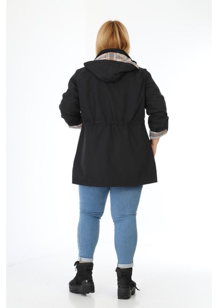 Kadın Suya Dayanıklı Büyük Beden Trençkot Kapüşonlu Ekoseli Haki Trençkot Bonded Kumaş Trençkot indirimleri