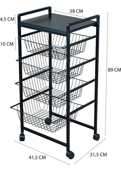 Metal 4 Çekmeceli Sebzelik Tekerlekli Siyah Çok Amaçlı Sebze ve Meyve Düzenleyici