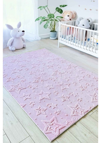 Stary Premium Puffy Peluş Pembe Kendinden Desenli Yıldızlı Kaymaz Taban Çocuk Halısı Oyun Halısı