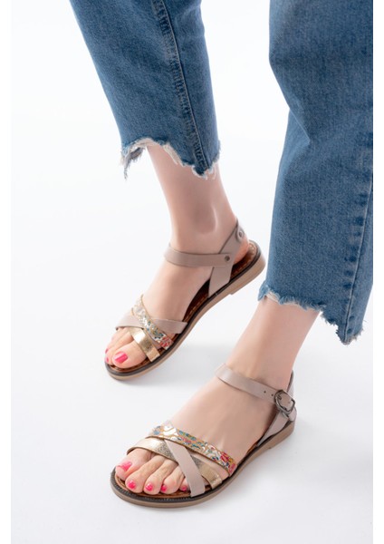 Bayan Sandalet 205-015 Bej Garni Ortopedik Hakiki Deri Kadın Sandalet