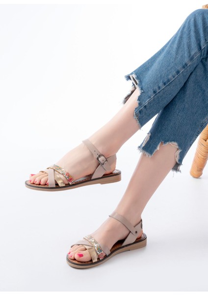 Bayan Sandalet 205-015 Bej Garni Ortopedik Hakiki Deri Kadın Sandalet modelleri