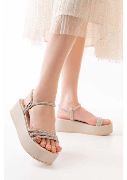 Bayan Sandalet 861-1100 Bej Günlük Gümüş Taşlı Dolgu Kadın Sandalet fiyatları