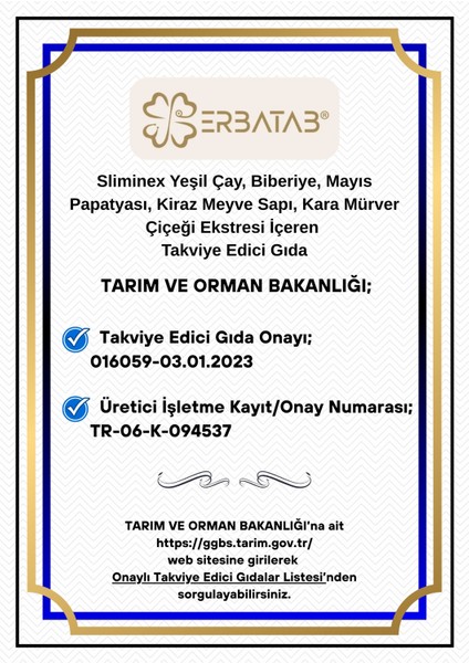 Sliminex (Yeşilçay - Biberiye - Mayıs Papatyası - Kiraz Sapı Ekstresi) 60 Kapsül