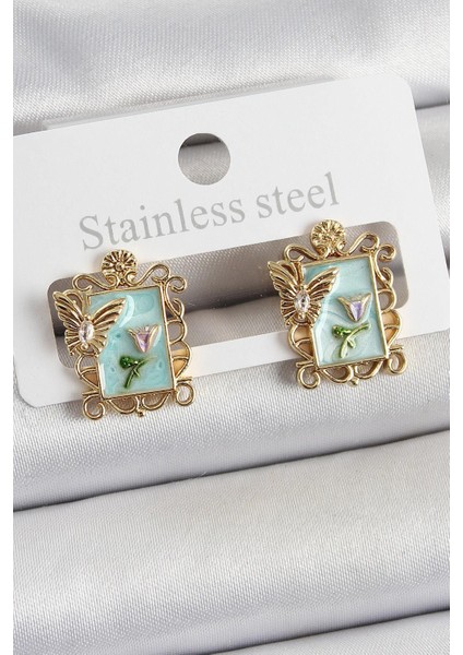 Pirinç Yeşil Mineli Sanatsal Portre Model Gold Renk Kadın Küpe