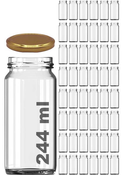 244 ml Kavanoz Metal Gold Konserve Kapaklı 244 cc Şeffaf Uzun Cam Kavanoz 48 Adet