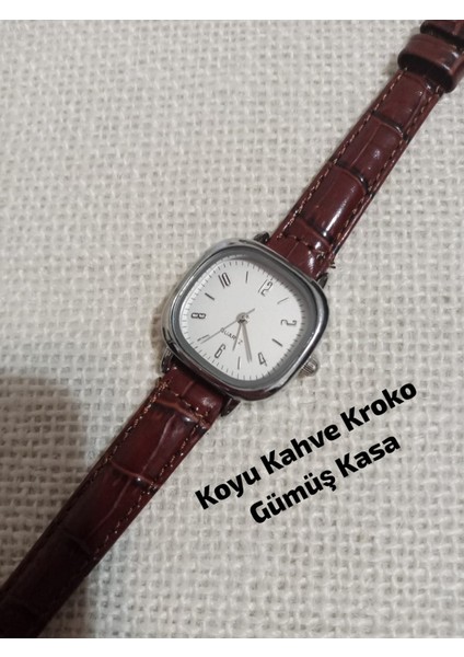 Marka Model Kare-Oval Gümüş Kasa Retro Still - Koyu Kahve Kordon Kadın Kol Saati 0054