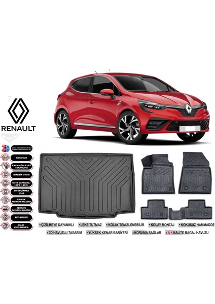 Renault Clio 5 2023 Model Bagaj Havuzu Araca Özel Siyah Extra Havuzlu Paspas Takımı