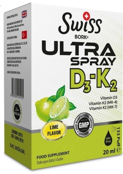 Bork Swiss Ultra D3-K2 Sprey 20 ml–Tatlı Limon Aromalı, Güçlü Kemik