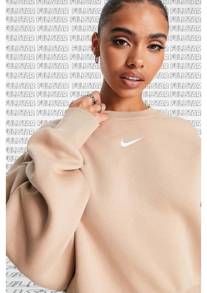 Sportswear Essential Collection Fleece Oversized Crew Kadın Sweatshirt Bej modelleri