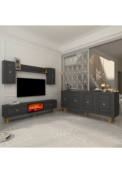 Darioct Bohem Konsol (KB150), Şömineli Bohem Tv Ünitesi 2 Li Salon Takımı Antrasit-Antrasit