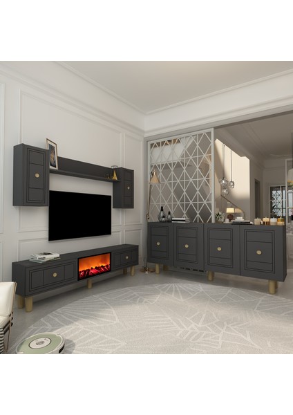 Darioct Bohem Konsol (KB150), Şömineli Bohem Tv Ünitesi 2 Li Salon Takımı Antrasit-Antrasit fiyatları