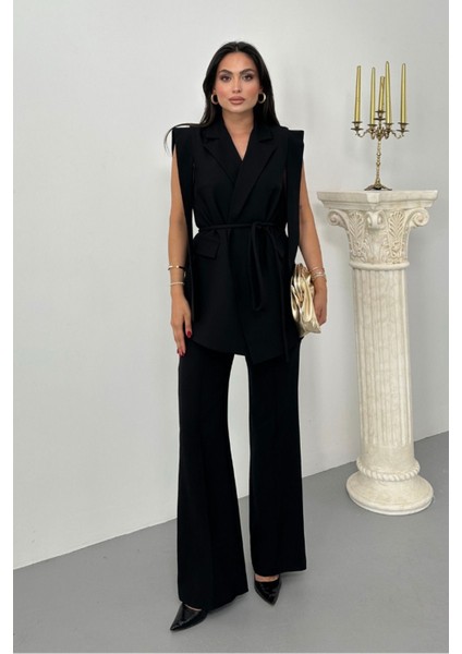 Kadın Alt Üst Ikili Takım Omuz Detaylı Kuşaklı Yelek Pantolon Takım