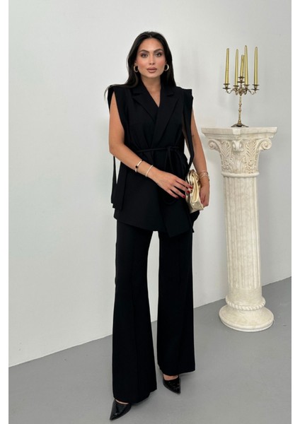 Kadın Alt Üst Ikili Takım Omuz Detaylı Kuşaklı Yelek Pantolon Takım modelleri