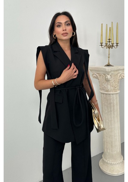 Kadın Alt Üst Ikili Takım Omuz Detaylı Kuşaklı Yelek Pantolon Takım indirimleri