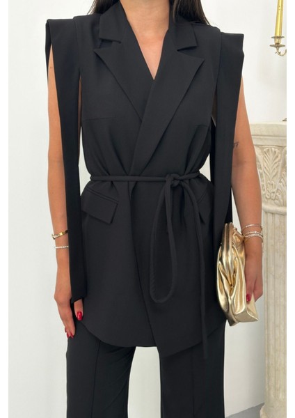 Kadın Alt Üst Ikili Takım Omuz Detaylı Kuşaklı Yelek Pantolon Takım