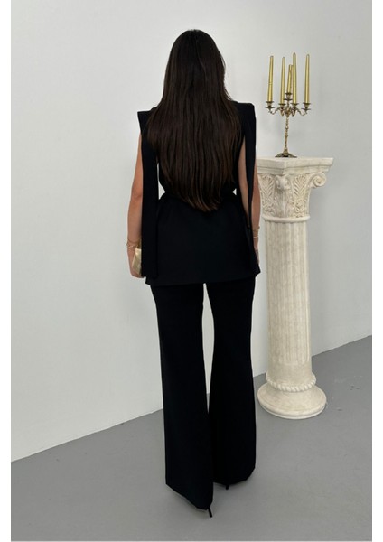 Kadın Alt Üst Ikili Takım Omuz Detaylı Kuşaklı Yelek Pantolon Takım