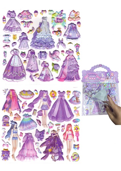 Sticker Kabartmalı Çantalı Iki Sayfalı Sticker Seti (HQK014) - 21X17 Cm- Lila Kız Giydirme