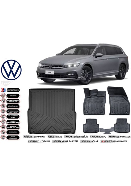 Volkswagen Passat B8 Stw 2017 Model Bagaj Havuzu Araca Özel Siyah Extra Havuzlu Paspas Takımı