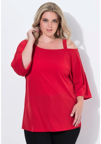 Kadın Büyük Beden Kırmızı, Tek Omuz Askılı, Jarse Kumaş Bluz 65N39040