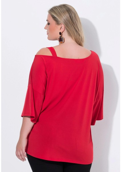 Kadın Büyük Beden Kırmızı, Tek Omuz Askılı, Jarse Kumaş Bluz 65N39040 fiyatları