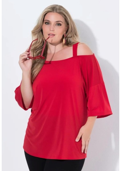 Kadın Büyük Beden Kırmızı, Tek Omuz Askılı, Jarse Kumaş Bluz 65N39040 modelleri