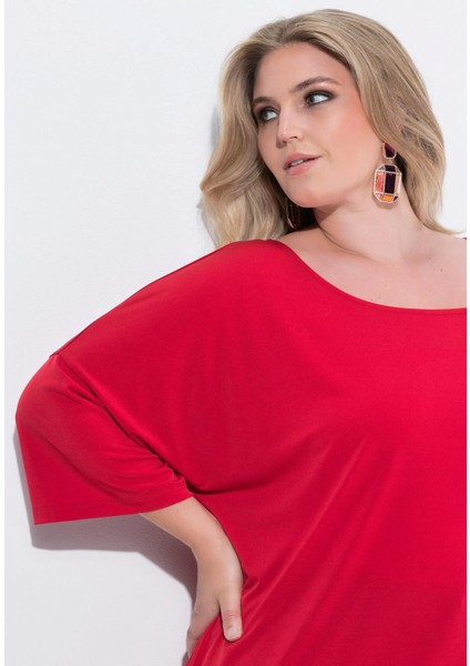 Kadın Büyük Beden Kırmızı, Tek Omuz Askılı, Jarse Kumaş Bluz 65N39040 indirimleri